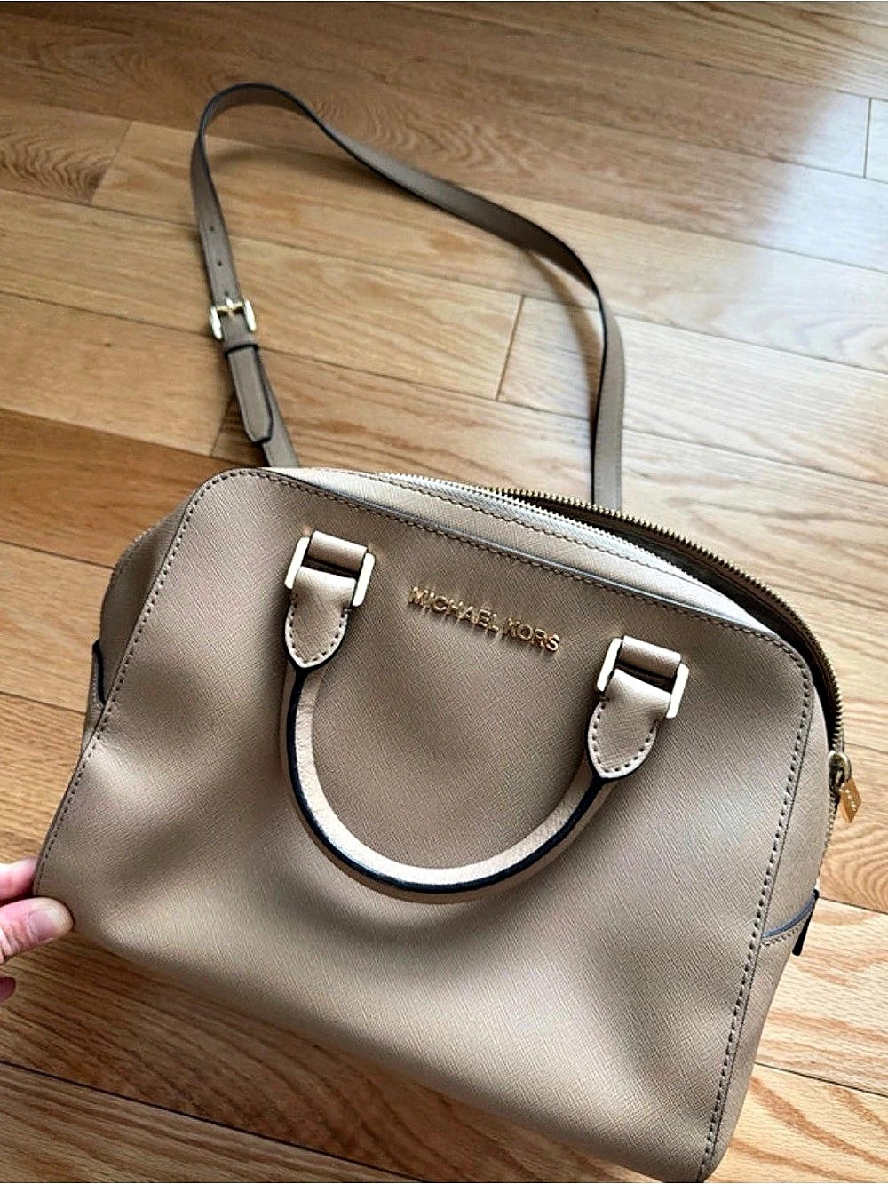Michael Kors Jet Set Travel Medium Saffiano Leather Dome Satchel in Taupe